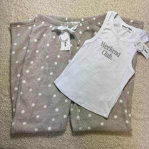 Weekend Club Tan Polka Dot Plush Pajama Matching Set XS NWT